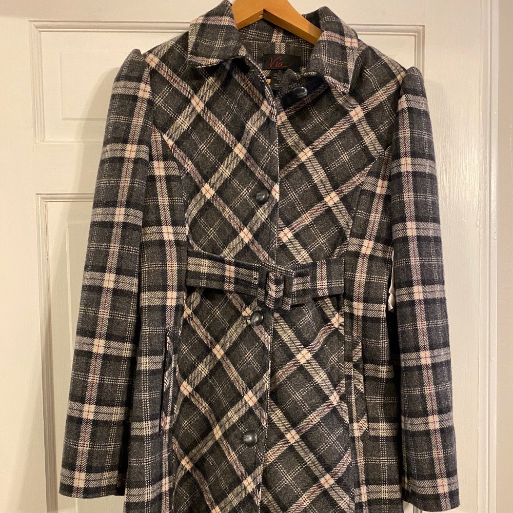 Via Belted Plaid Walker Coat NWOT